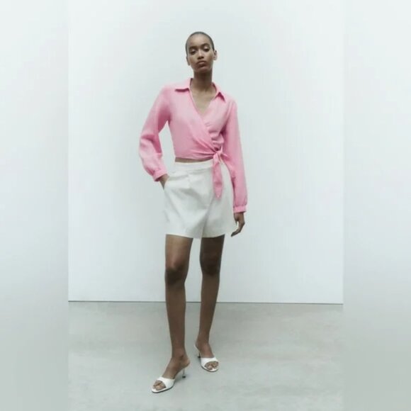 Zara TIED LINEN SHIRT Pink - Picture 3 of 5
